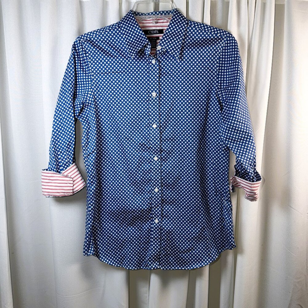 Womens CHAPS Blue/White Stars Red/White Stripes Qtr Sleeve Button Down Blouse SP
